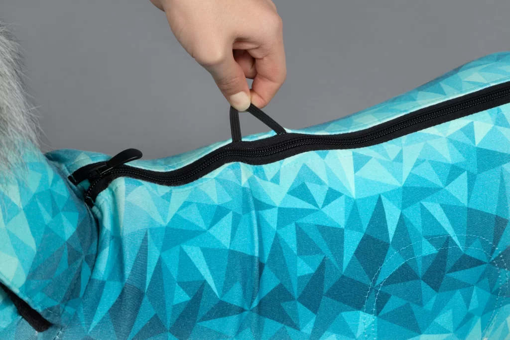 Detail of recovery suit zipper allowing easy access and comfortable fit