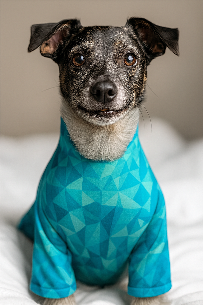 Small dog wearing the Safe Pet PJS Recovery suit, front view showing face, chest, and front paws