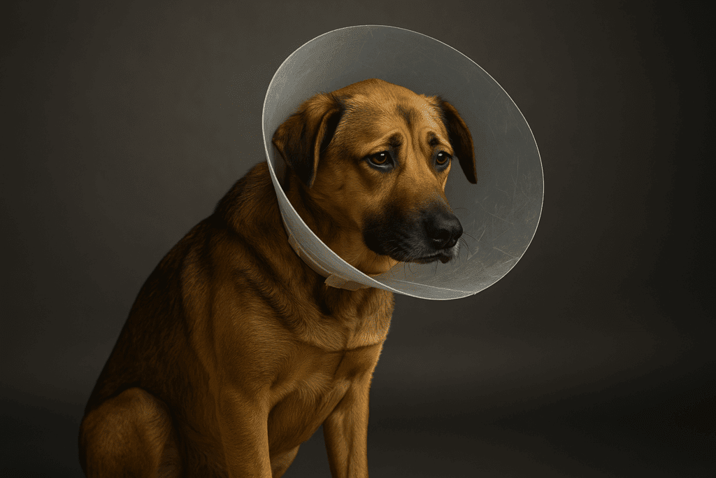 sad pet with e-collar