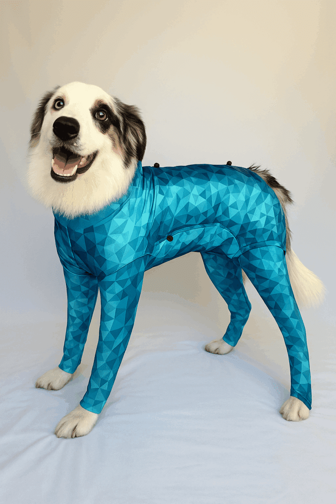 Dog wearing full-body Pet Pjs veterinary recovery suit