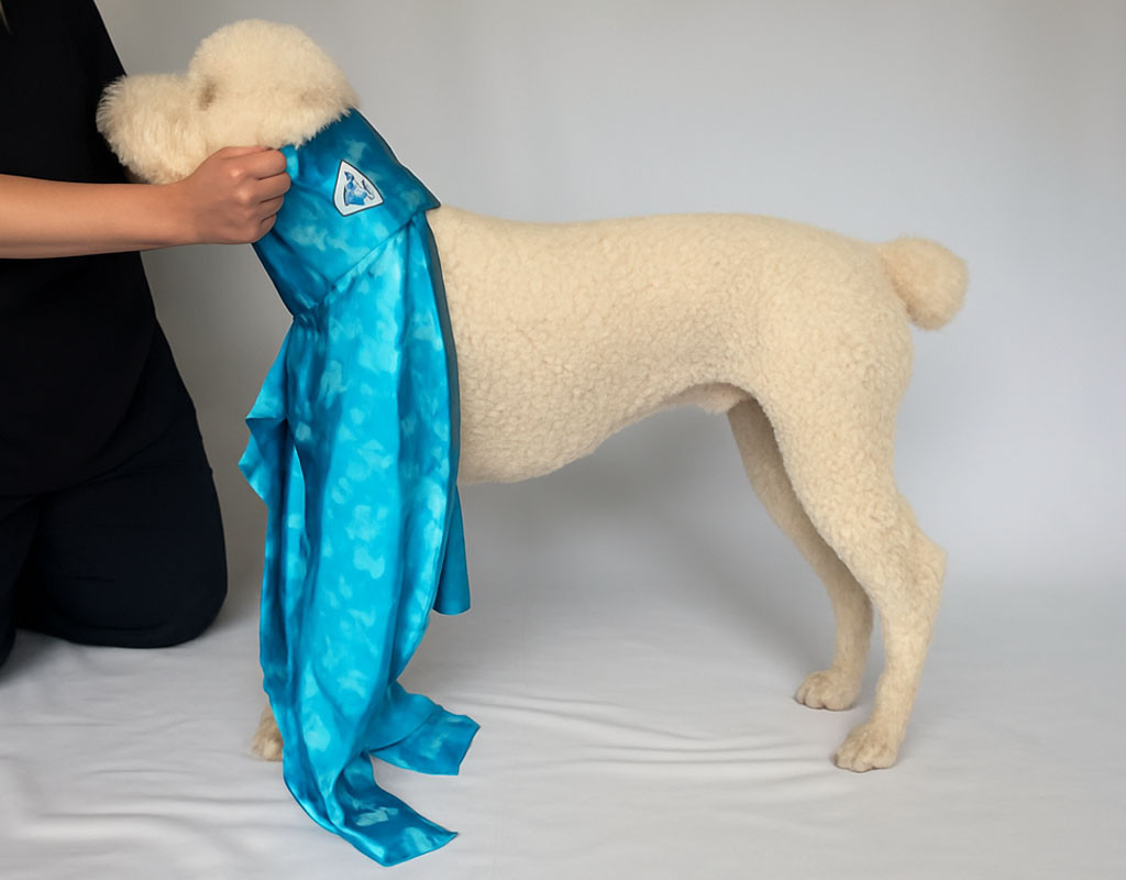 a poodle wearing a bright blue cape stands indoors