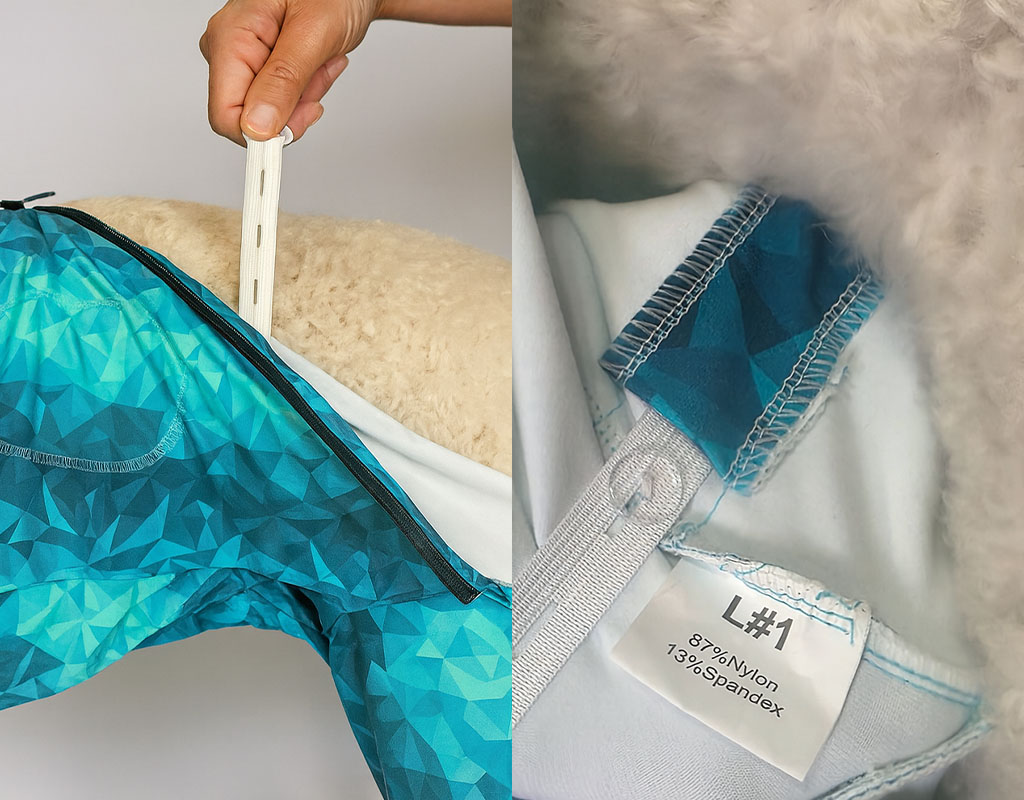 a split image shows a blue geometric-patterned dog coat on a fluffy white dog