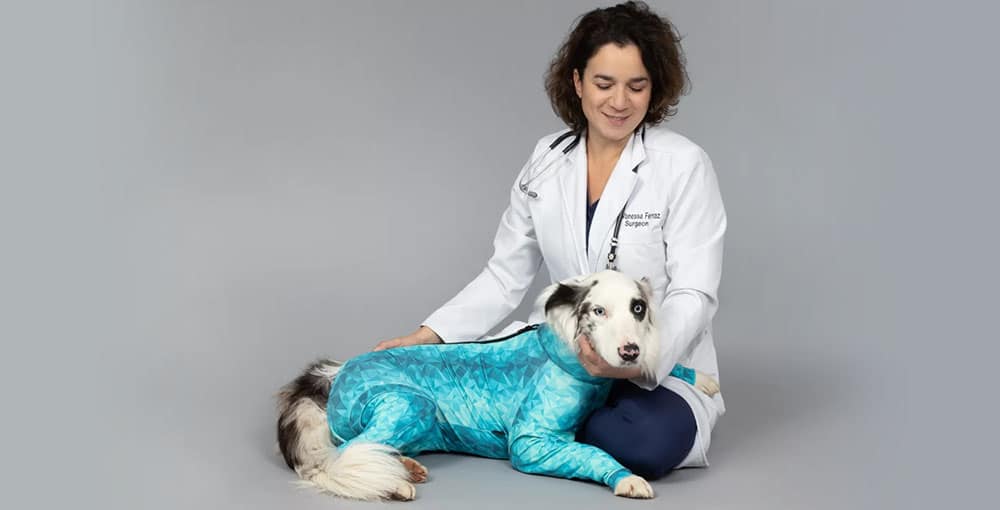 a veterinarian beside a dog wearing a pet pjs