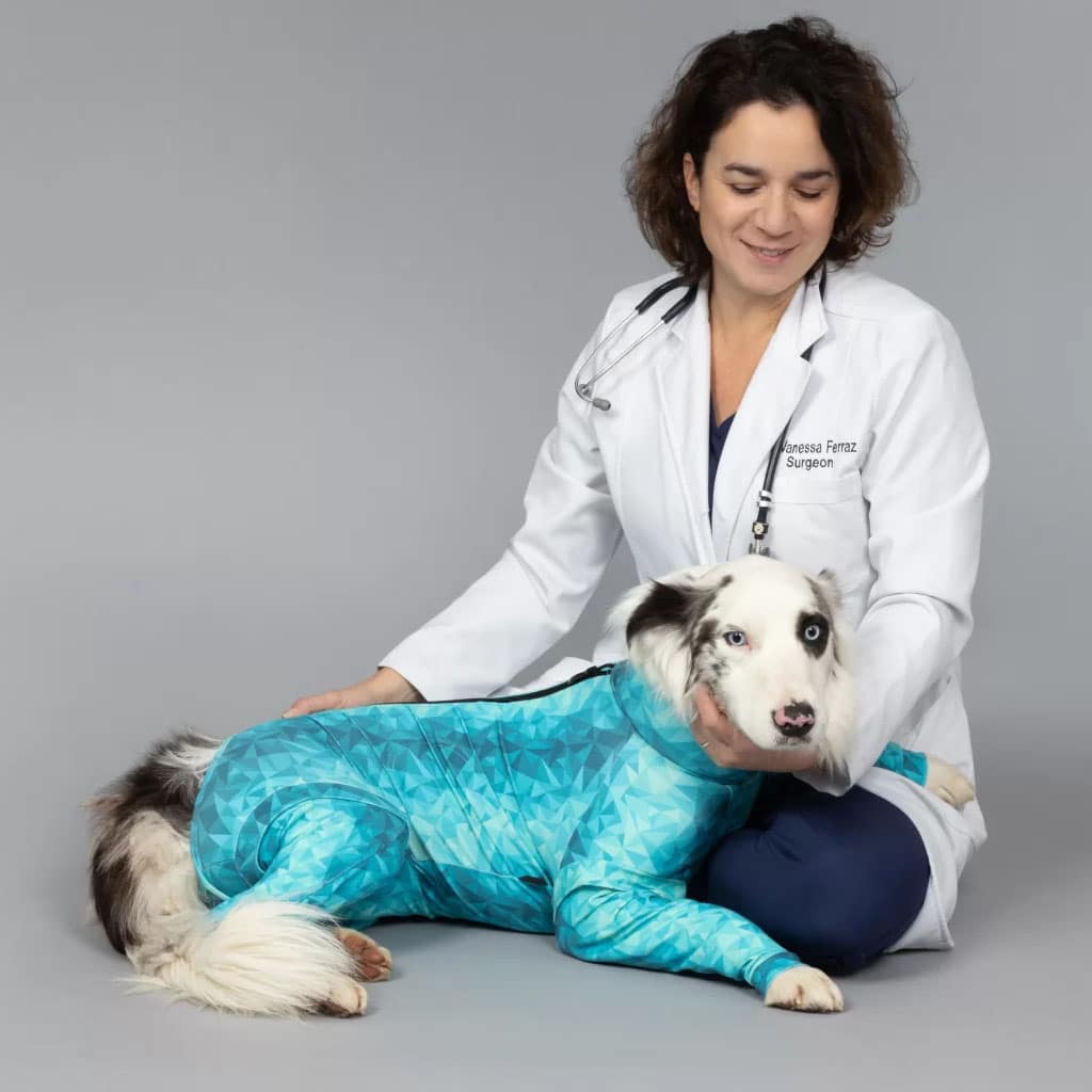 a veterinarian beside a dog wearing a pet pjs