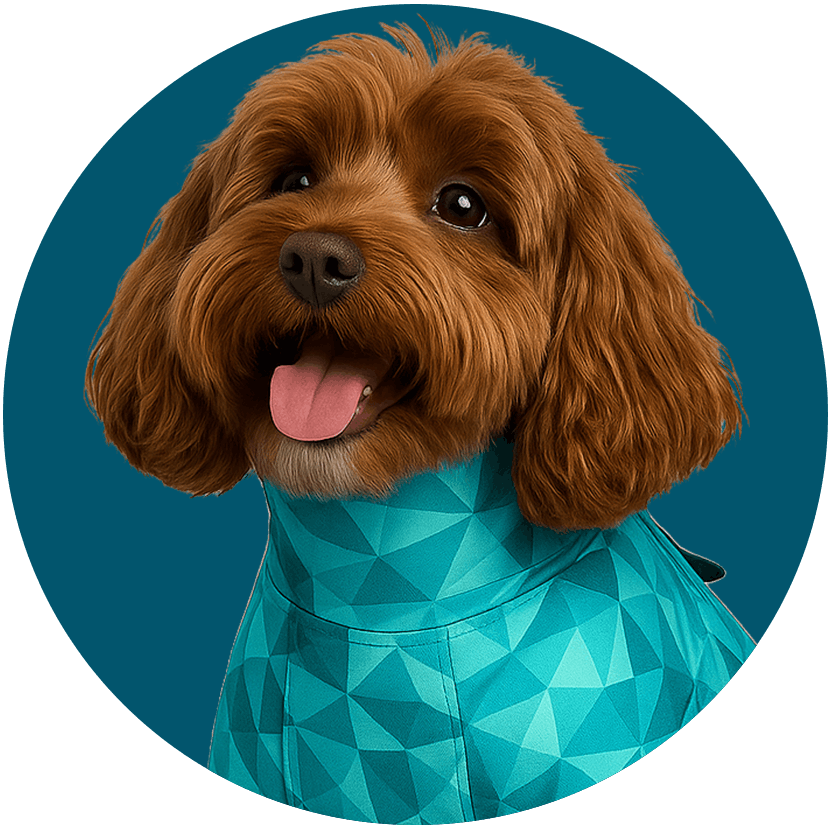brown fluffy dog with pet pjs circle
