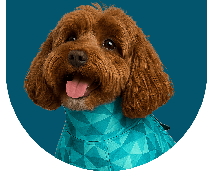brown fluffy dog with pet pjs