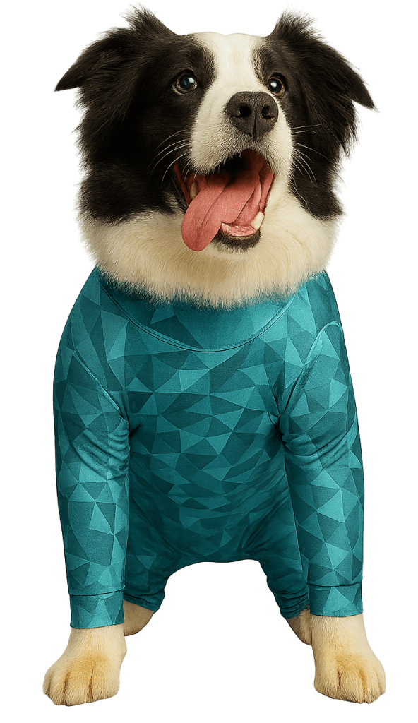 happy border collie wearing pet pjs