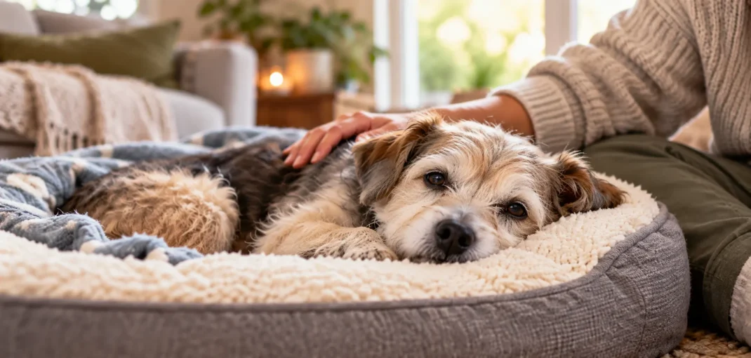 Senior dog resting comfortably at home after surgery with owner nearby