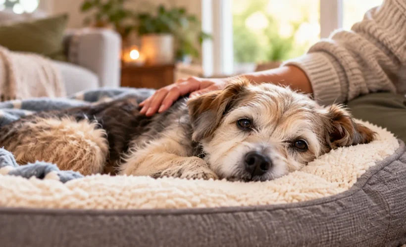 Senior dog resting comfortably at home after surgery with owner nearby