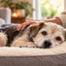 Senior dog resting comfortably at home after surgery with owner nearby